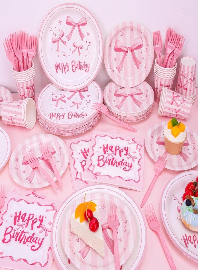 REDWORD Pink Bow Birthday Decorations, 120Pcs Bow Party Tableware Plates Napkins Cups for Pink Birthday Girls Bachelorette Party Decorations-Serves 24 - Image 3